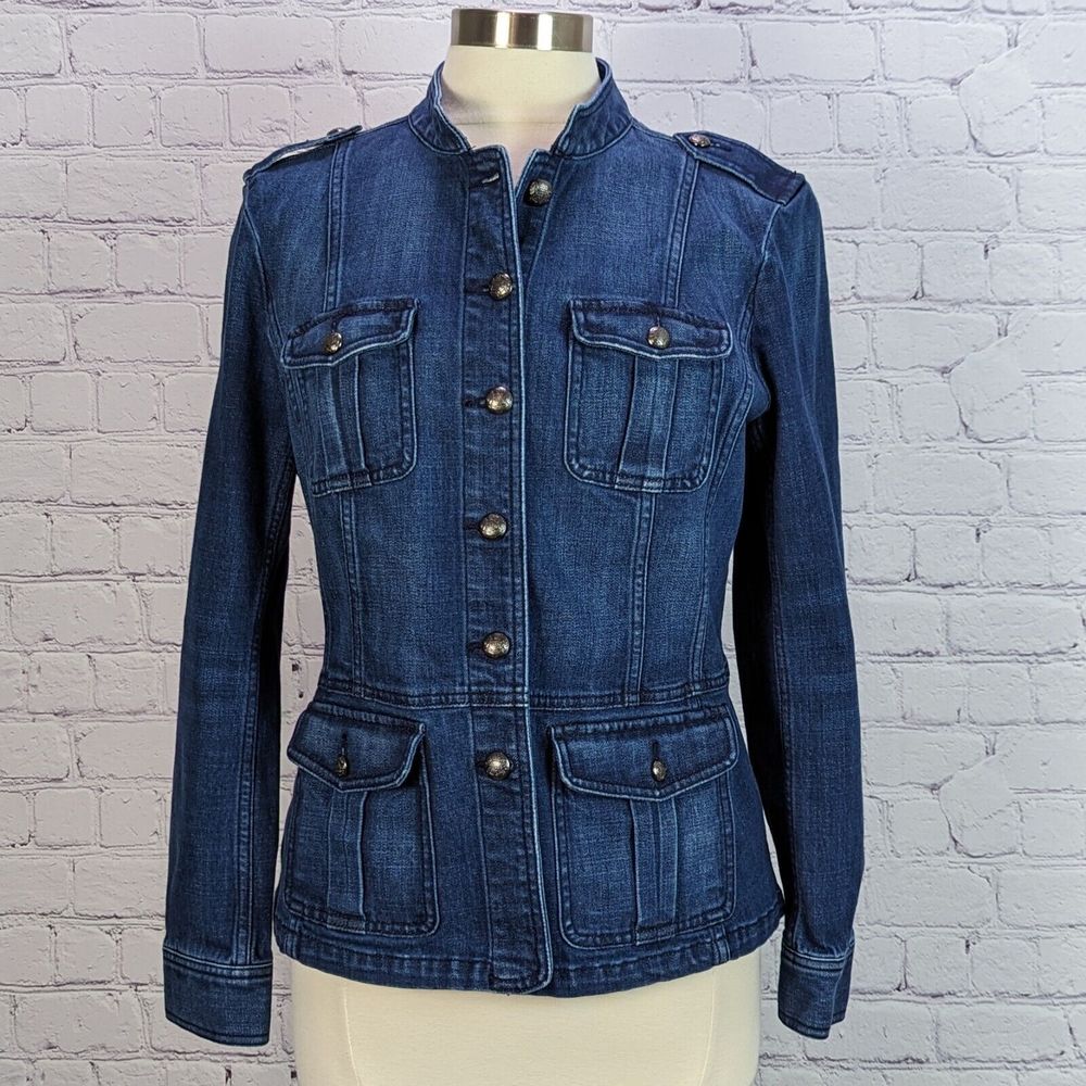 Talbots Sz L Blue Denim Jacket Blazer Safari Style Long Sleeve Pockets w Stretch